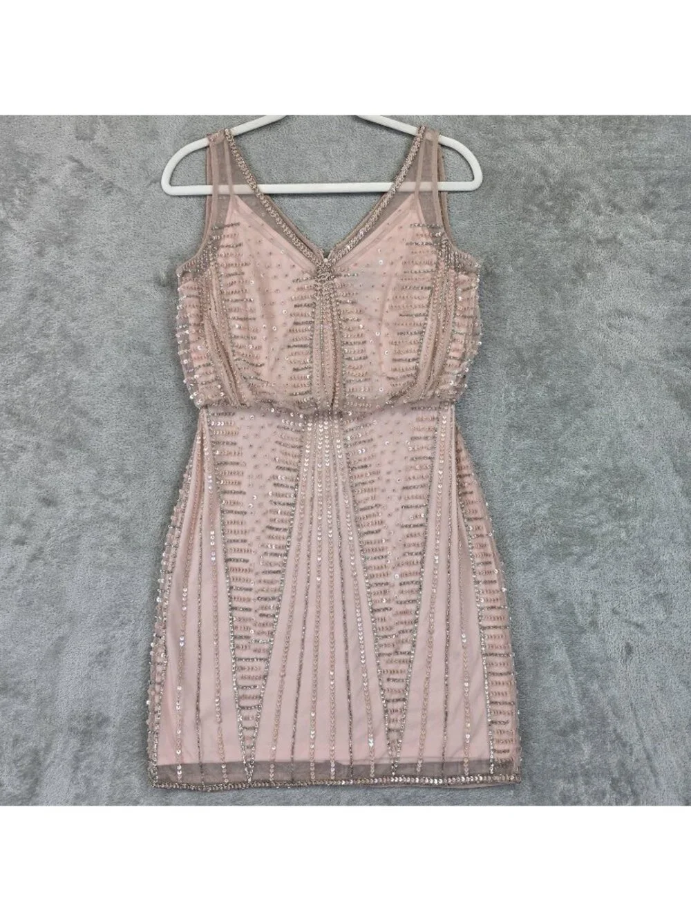 Adrianna Papell Dress Womens 6P Petite Pink Sequin V Neck Sheath Mini Party